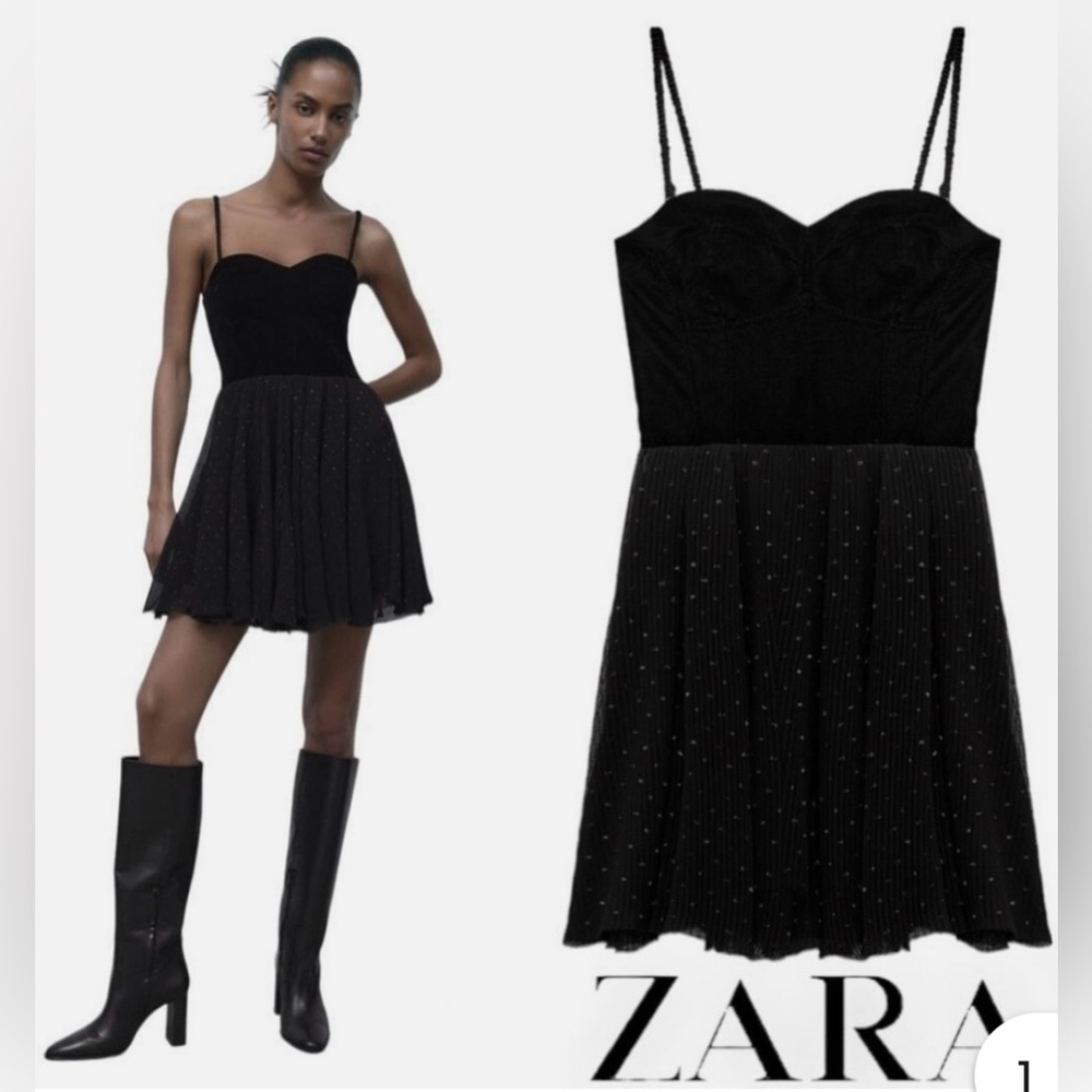 Zara Black Mini Dress Sweetheart Neckline and Sparkly Ribbed‎ Bodice - Size M
